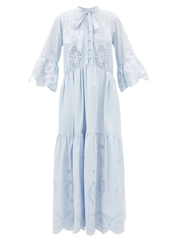 Blue Cotton Eyelet Lace Maxi Dress